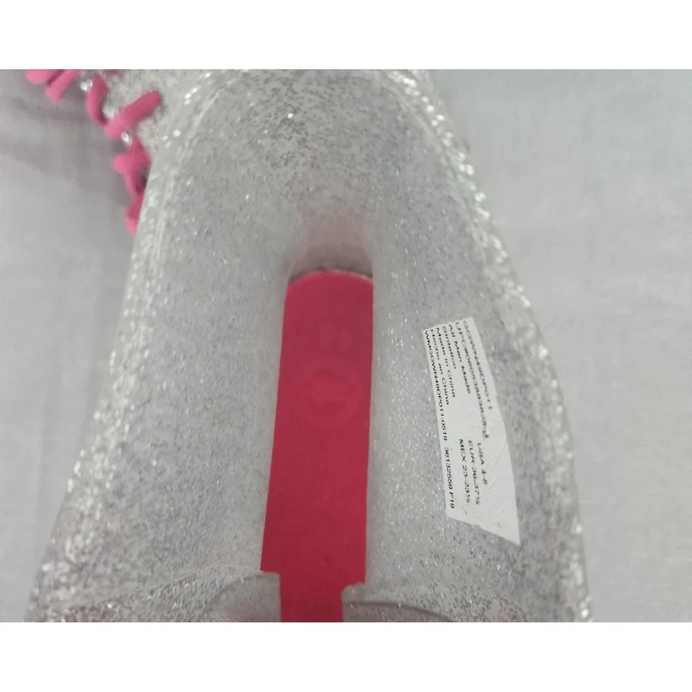 Silver Glitter Jelly Combat Rain Boots Pink Laces Lug Sole Size 5-6